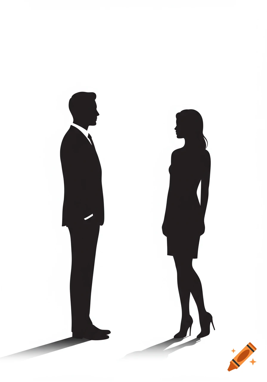 Black silhouettes of a man in a suit and a woman in a dress facing each other on a white background.