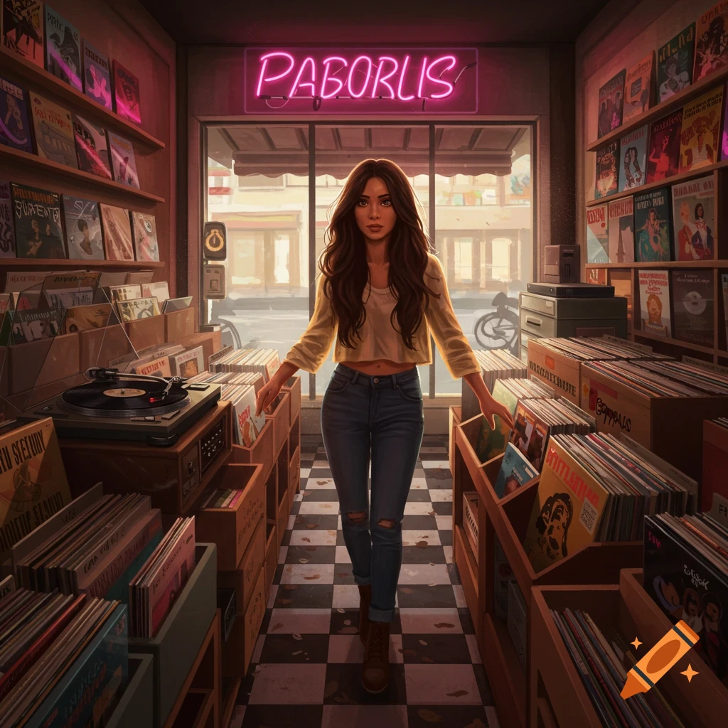 A woman with long dark hair walks through the aisle of a vintage-style record store, surrounded by shelves of vinyl records, under a neon sign.