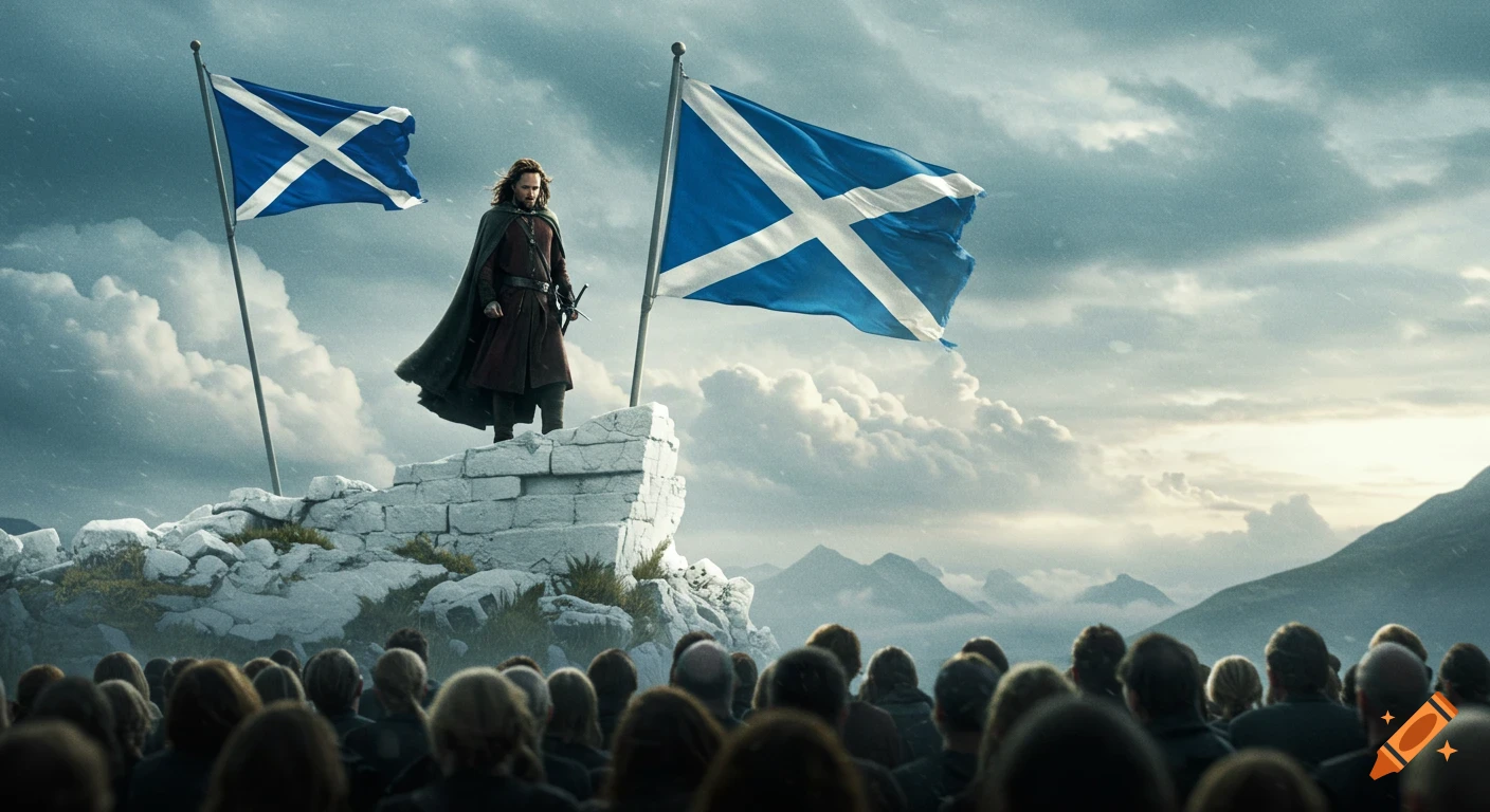 Photorealistic image of a heroic man in a cape standing on a rocky cliff with two Scottish flags, overlooking a crowd and mountains under a cloudy sky.