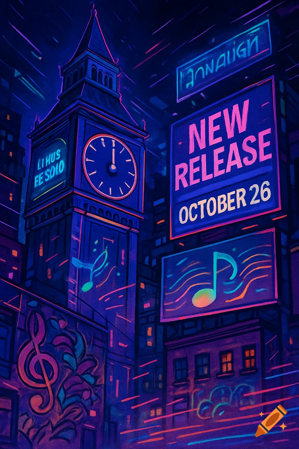 A neon-style cityscape at night featuring a large clock tower and buildings. Signs display 'NEW RELEASE OCTOBER 26' and musical notes.