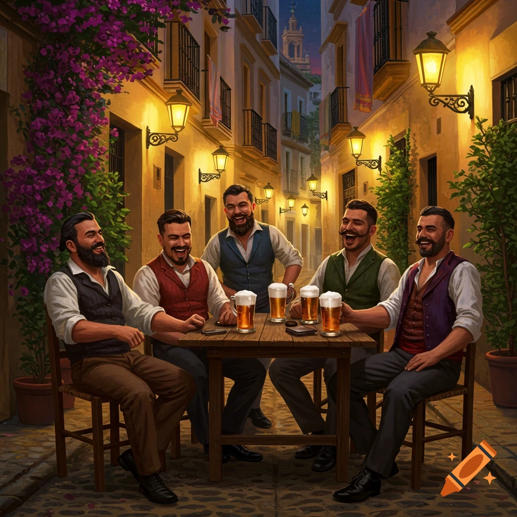Five bearded men laugh and drink beer at a table in a lantern-lit alleyway adorned with purple flowers and old buildings.