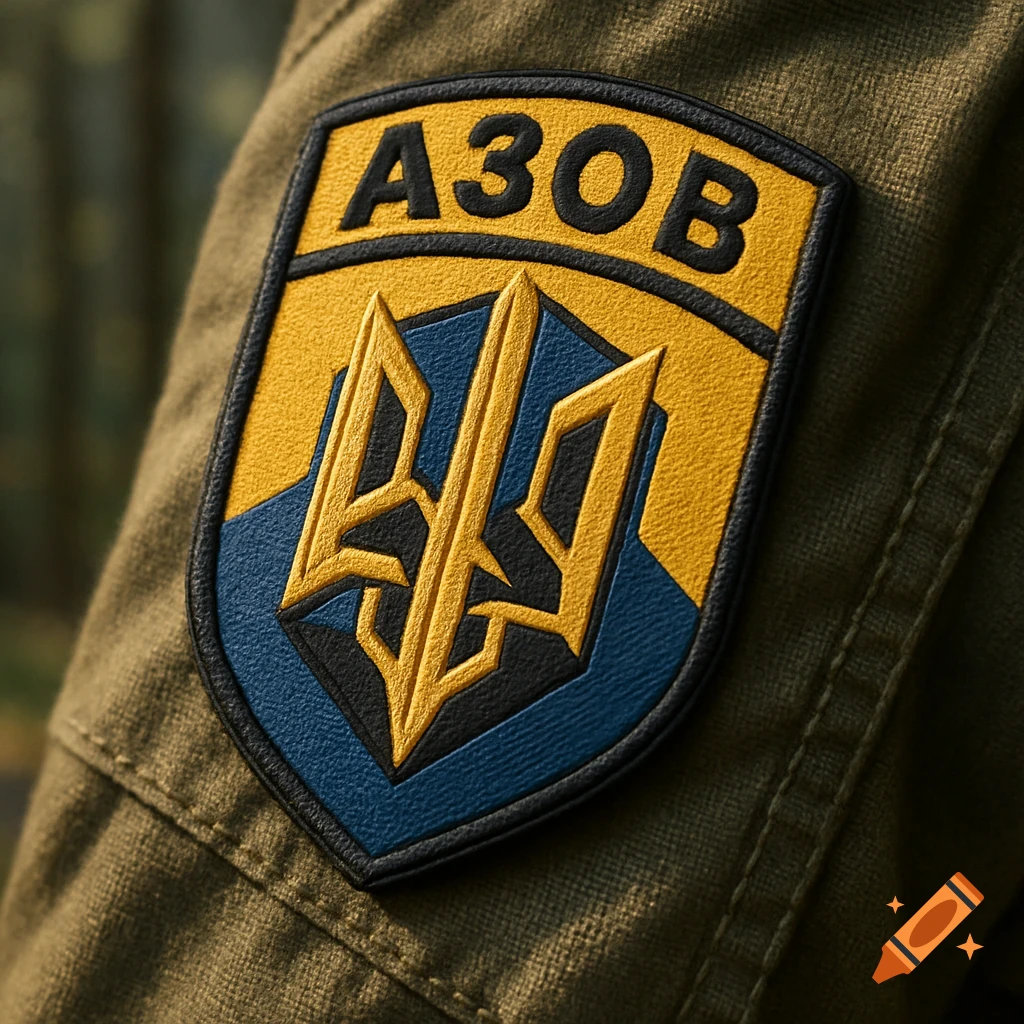 A close-up, photorealistic shot of a yellow and blue Azov Brigade patch with a trident and the text "A3OB" on a green military uniform sleeve.