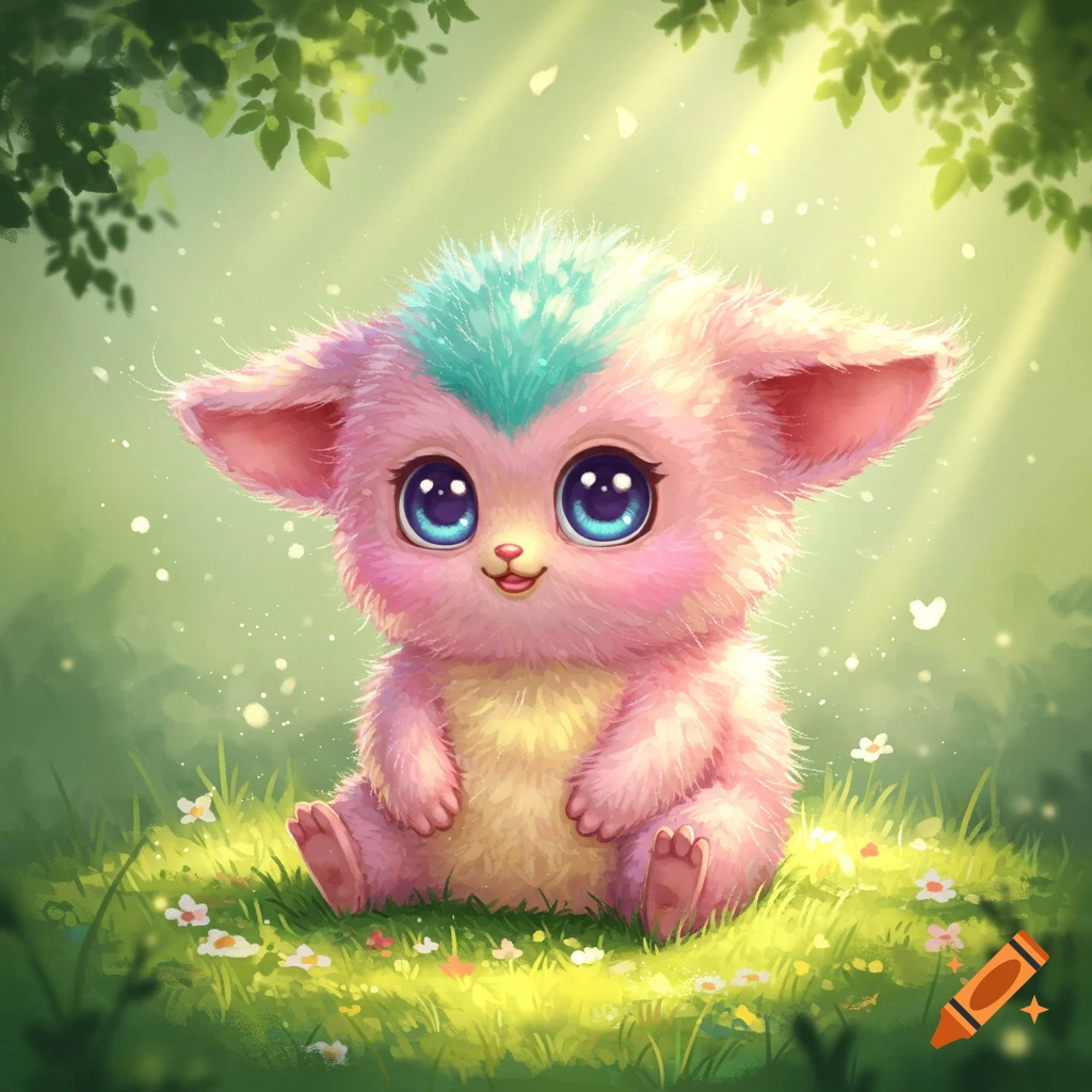 A cute, fluffy pink creature with big blue eyes and turquoise hair sits in a sunny, green meadow with small flowers.