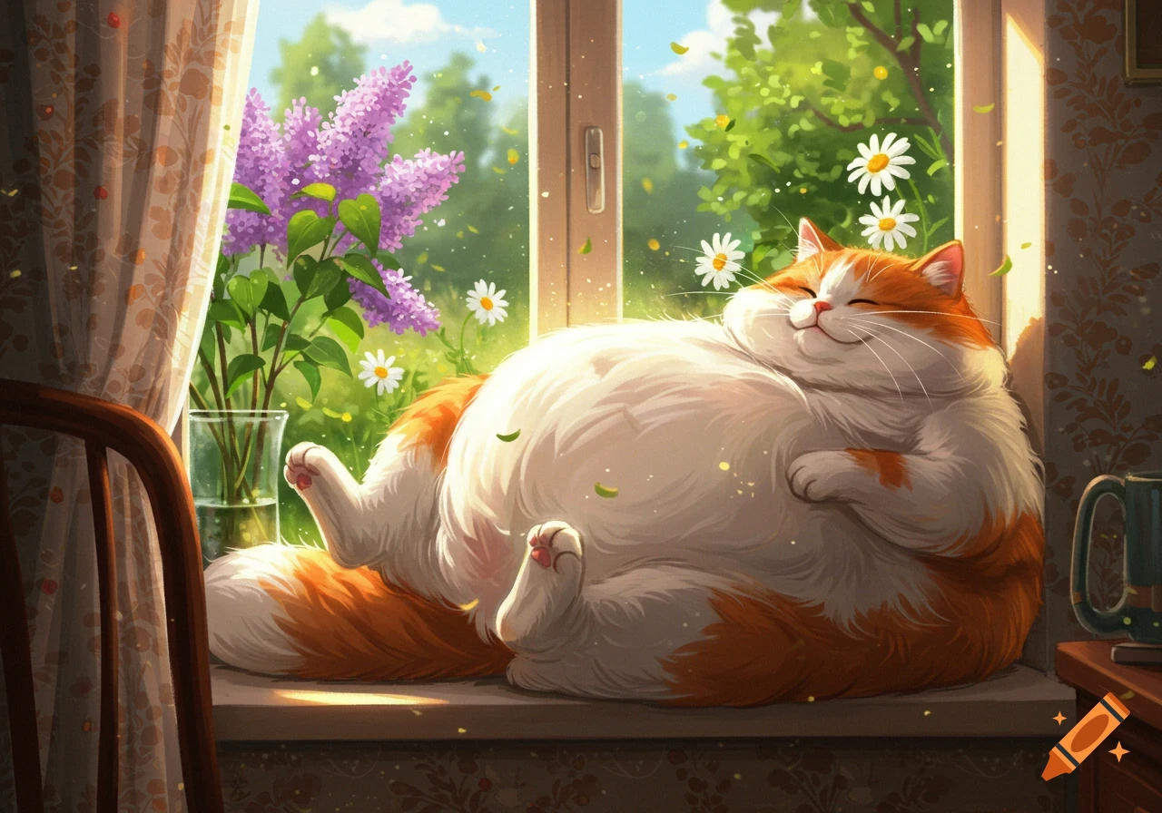 A happy, fluffy orange and white cat sleeping on a sunlit windowsill, surrounded by flowers and greenery in an illustrative style.