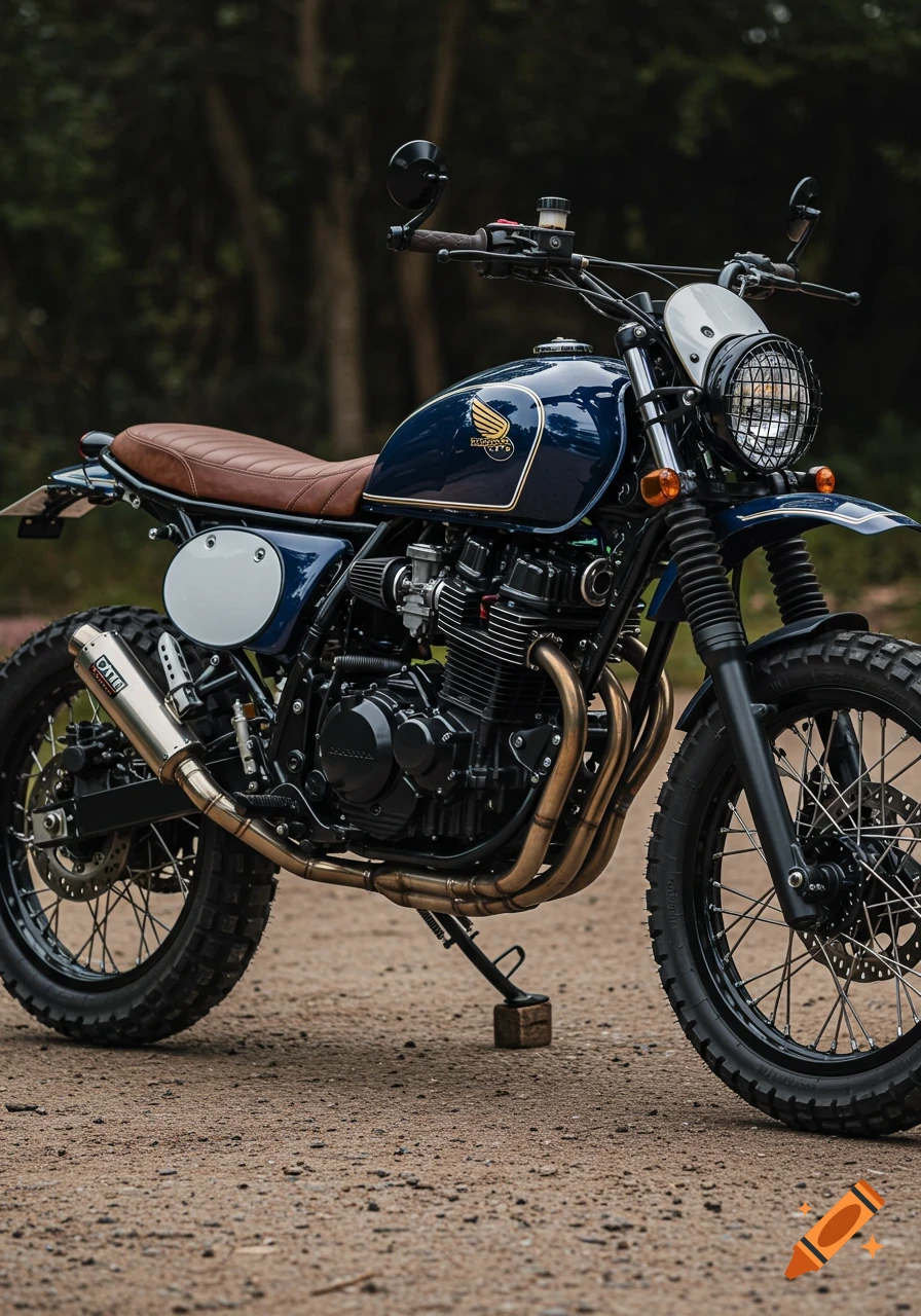 A customized navy blue and brown scrambler motorcycle with gold accents, knobby tires, and a metal-grilled headlight, parked on a dirt path.