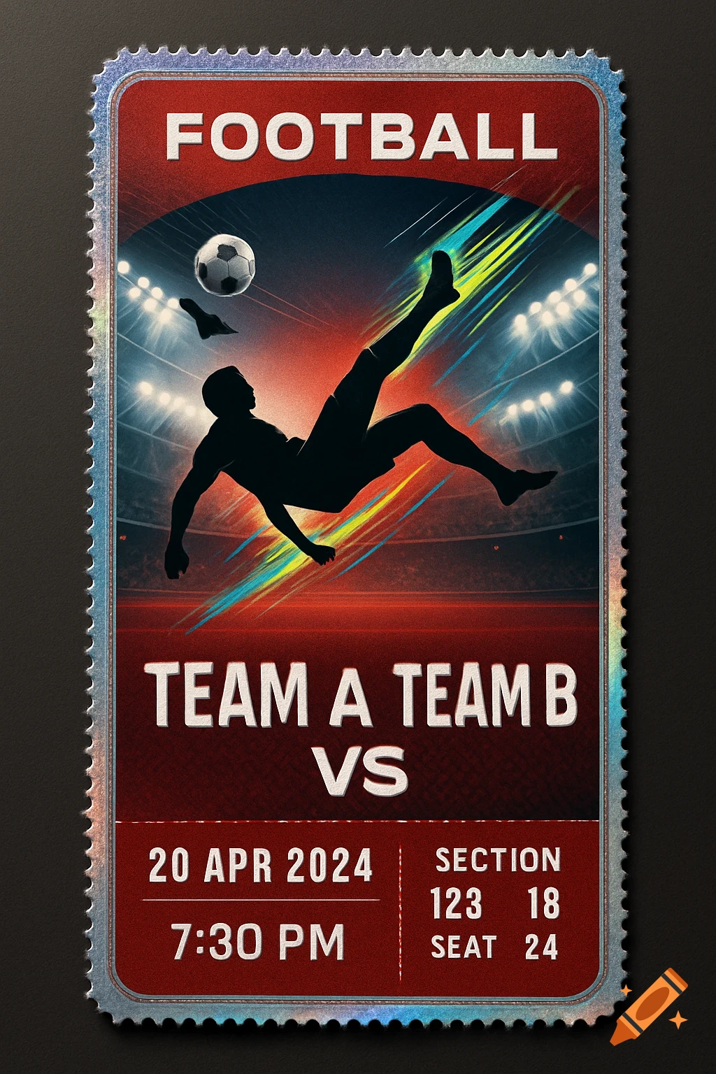 Stylized football game ticket featuring a silhouetted player kicking a ball against a stadium backdrop, with game details.