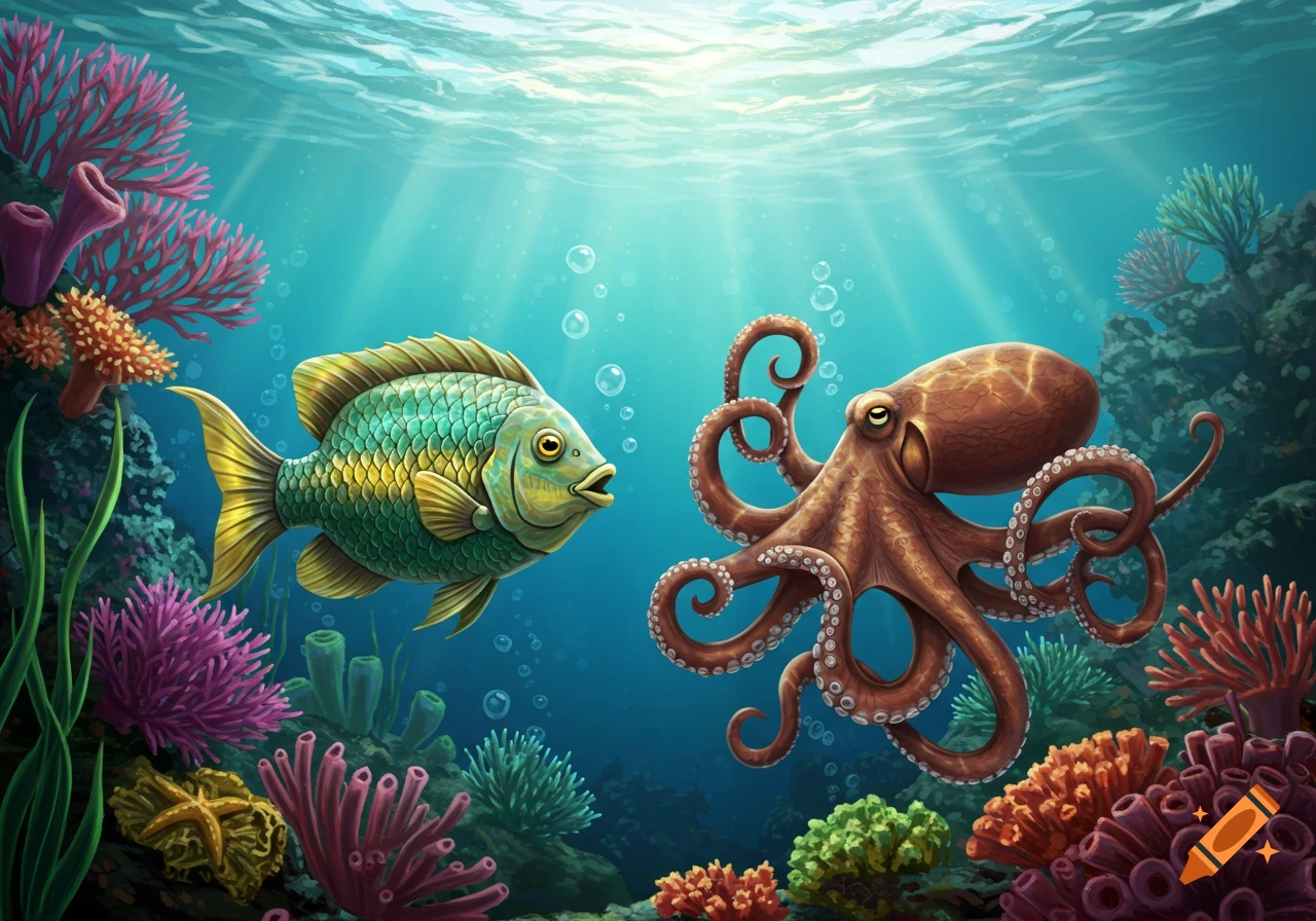 A vibrant illustration of a fish and an octopus facing each other in a colorful coral reef with sunlight filtering through the water.