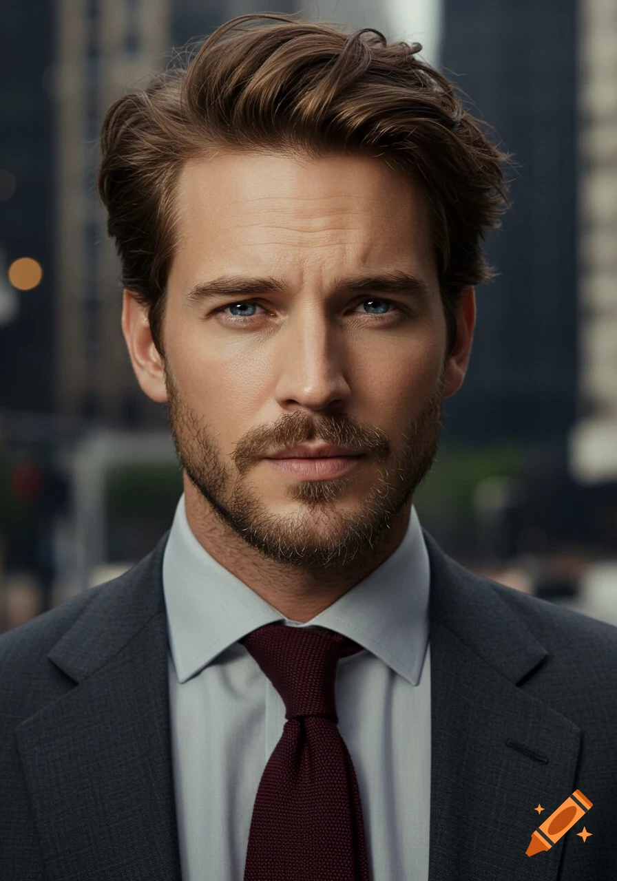 Photorealistic portrait of a handsome man with a beard and brown hair, wearing a grey suit and a burgundy tie, against a blurred city background.