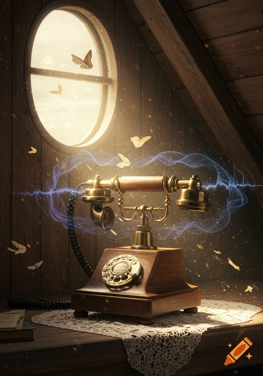 An antique rotary telephone emits blue energy, surrounded by glowing dust and butterflies, in a sunlit attic with an oval window.