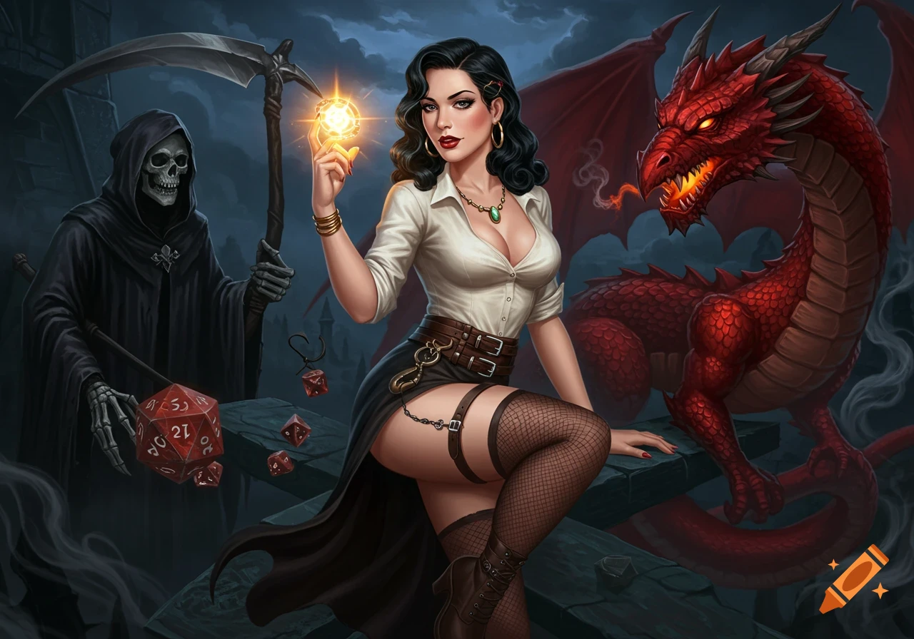 A pin-up style prophetess with a glowing orb, a grim reaper with dice, and a red dragon in a dark fantasy setting.