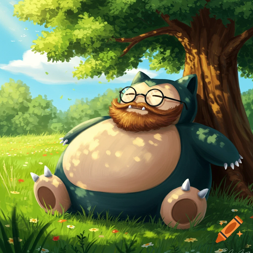A Snorlax with a bushy orange beard and round glasses sits under a tree in a sunny, green meadow with flowers.