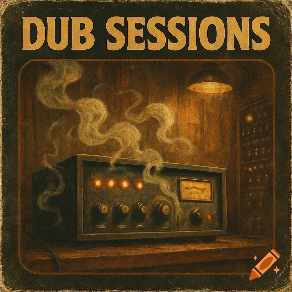 A retro 1970s album cover for 'DUB SESSIONS' featuring a tape delay unit emitting smoke in a vintage recording studio.