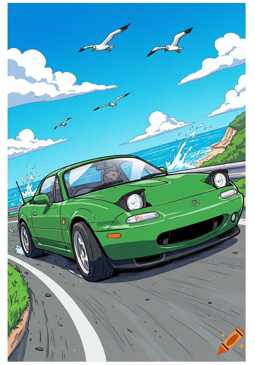 A vibrant green cartoon Mazda MX-5 Miata drives on a coastal road under a blue sky with seagulls flying overhead.