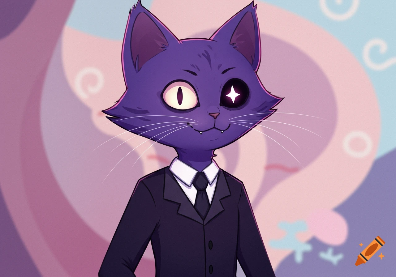 A cartoon purple cat in a black suit and tie, with one white eye and one black eye with a white star-shaped pupil.