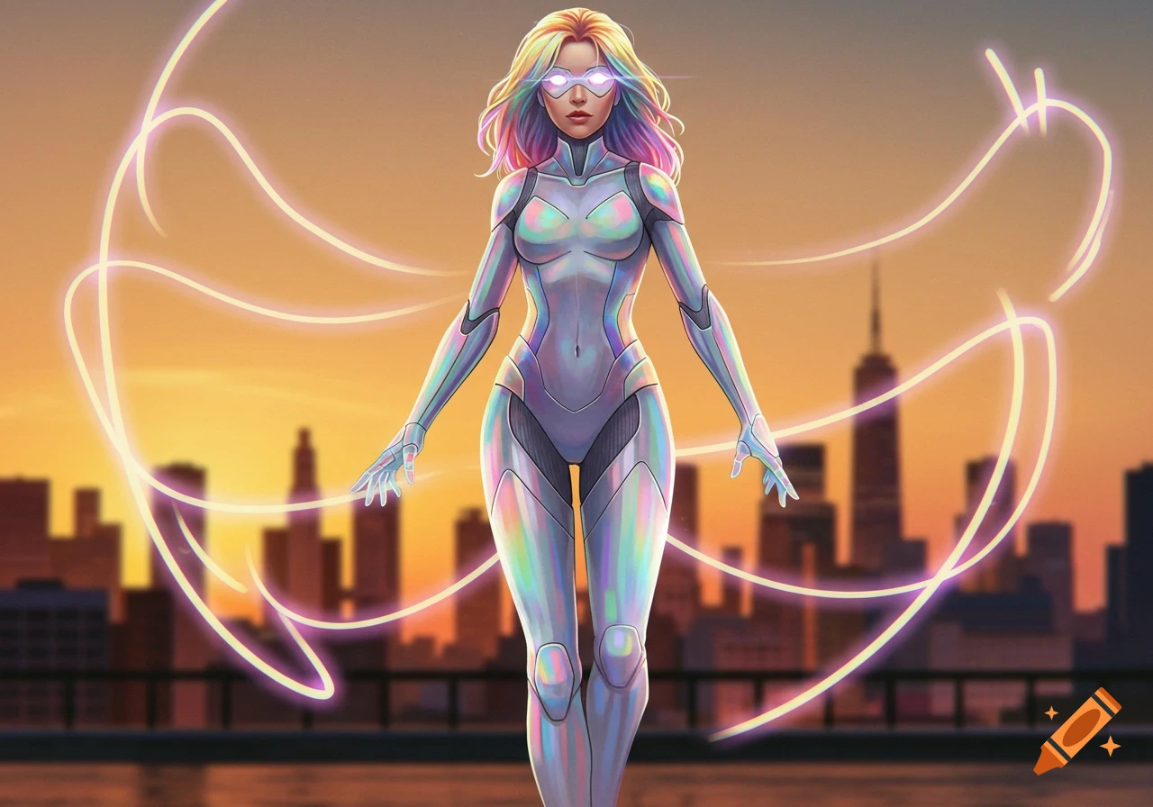 A superheroine in an iridescent suit with glowing eyes and multicolored hair stands against a sunset city skyline, surrounded by glowing light trails.