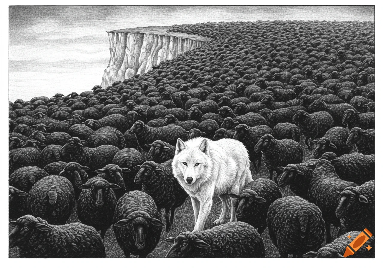 A detailed black and white pencil drawing shows a white wolf walking towards the viewer amidst a massive herd of black sheep moving towards a cliff.