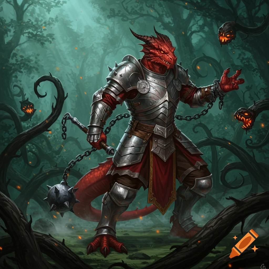 A red dragonborn paladin in shining plate armor holds a flail, breaking free from glowing black vines in a dark, mystical forest.