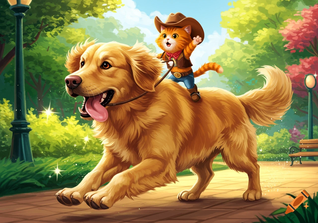 A whimsical cartoon of an orange tabby cat in a cowboy hat riding a giant golden retriever dog through a sunny park.