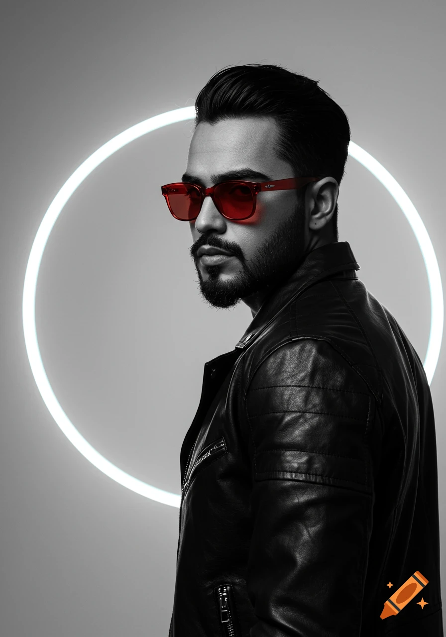 A man in a black leather jacket and red sunglasses looks over his shoulder, with a neon white circle behind him against a gray background.
