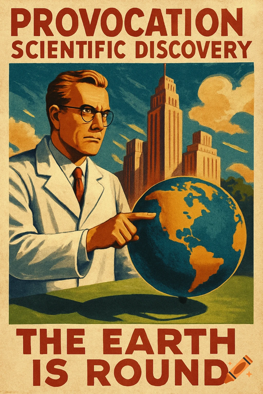 Vintage propaganda poster featuring a stern scientist pointing at a globe with text 'PROVOCATION SCIENTIFIC DISCOVERY THE EARTH IS ROUND'.
