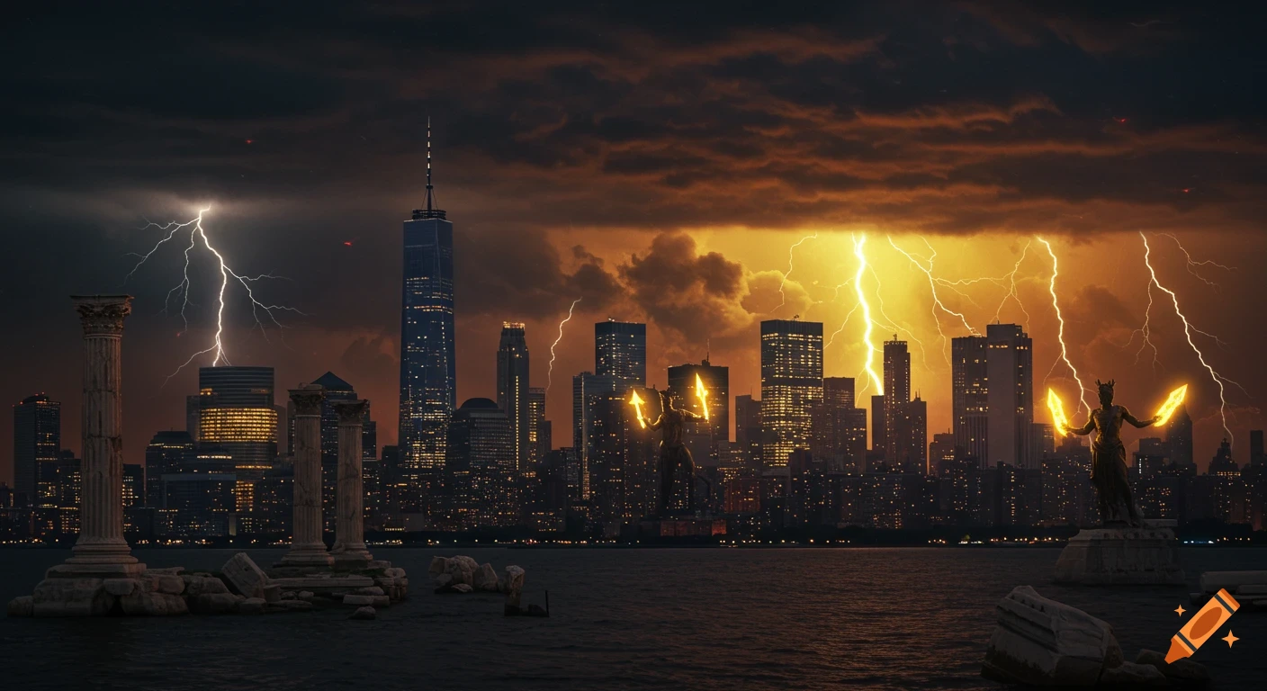A dramatic, stormy Manhattan skyline at dusk with lightning, ancient Greek ruins, and two god-like statues holding glowing weapons in the foreground.