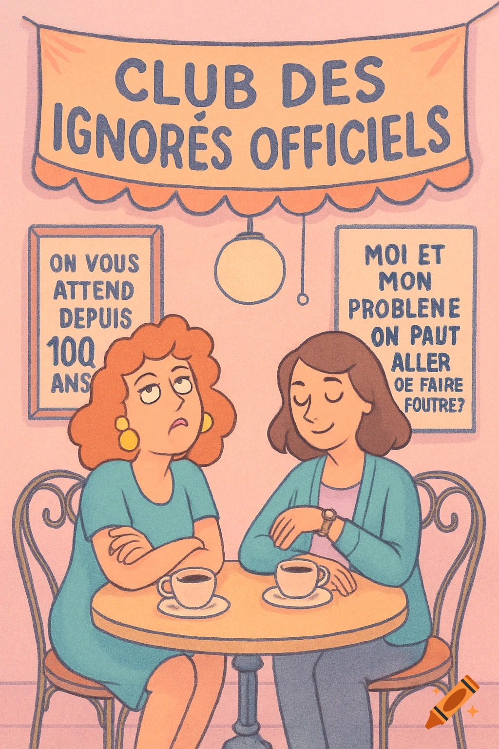 Two women sit at a cafe table with humorous signs in a cartoon illustration. One rolls her eyes, the other checks her watch.