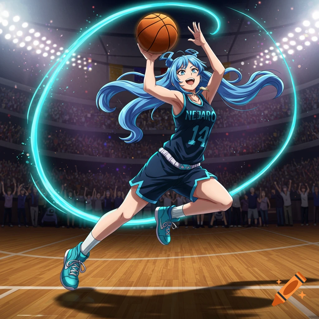 Anime girl with long blue hair in a basketball jersey, jumping with a basketball on a court in a stadium, with a glowing blue aura.