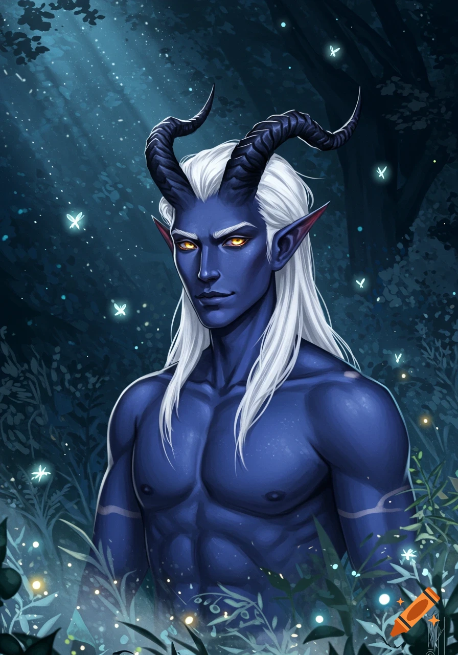 A blue-skinned male Tiefling with black horns, long white hair, and glowing gold eyes stands in a magical, dark forest with fireflies.