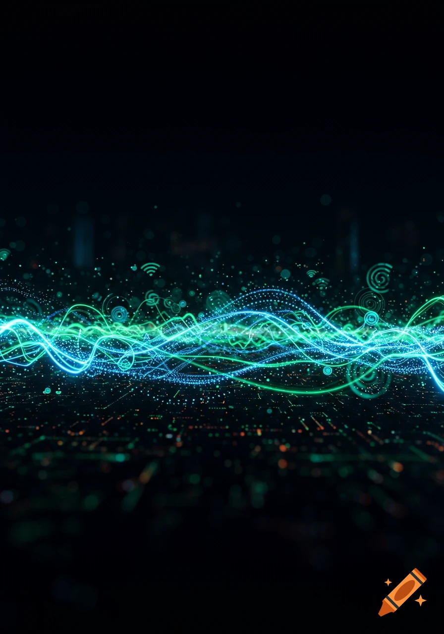 Glowing green and blue data waves ripple across a dark, circuit board-like background with scattered light dots and WiFi symbols.