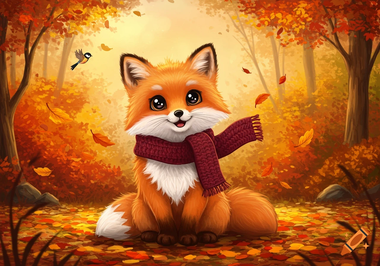 A cute, fluffy orange fox wearing a red knitted scarf sits in an autumn forest with falling leaves and a small bird.