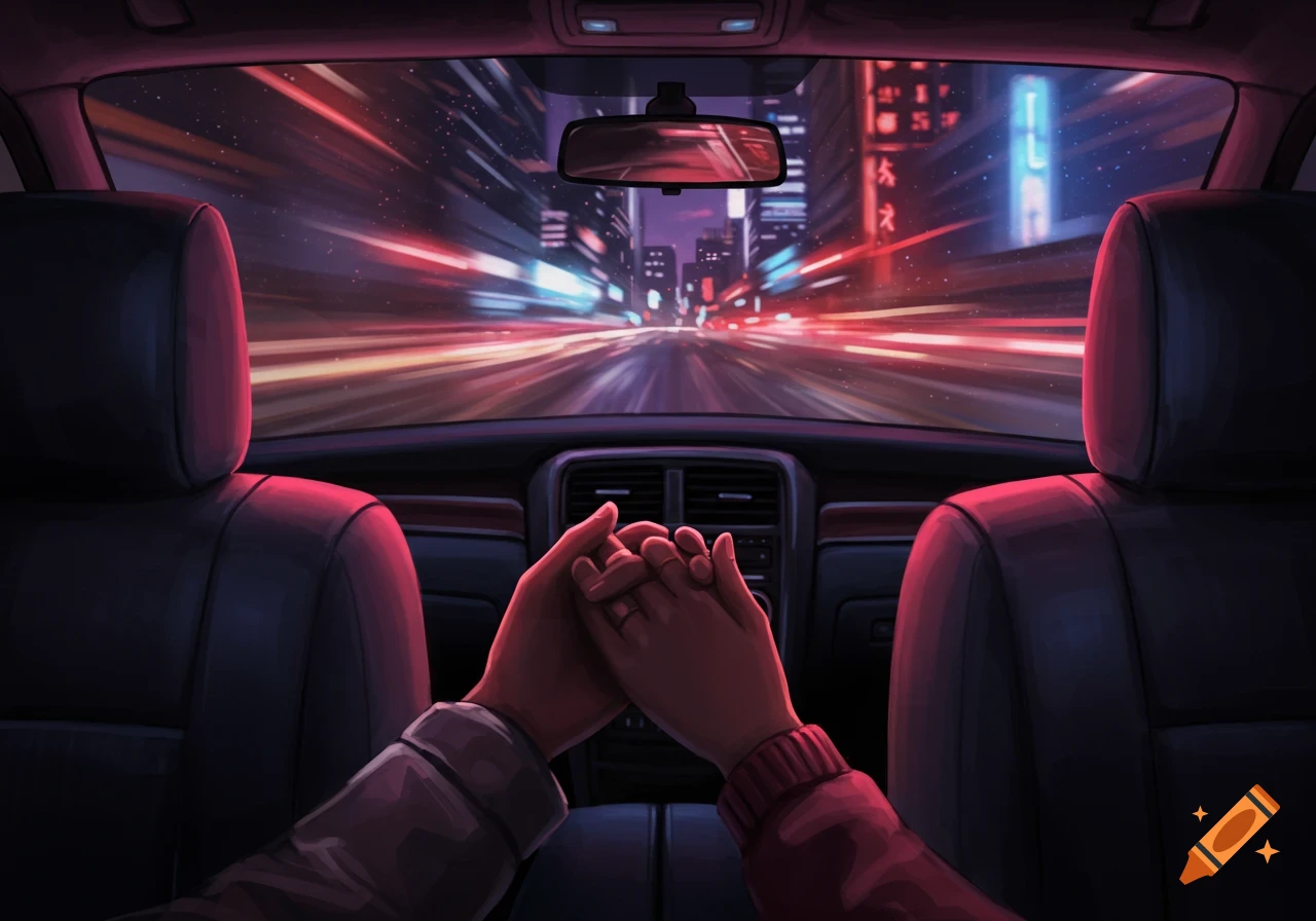 Digital painting of two people holding hands in the front seat of a car, driving through a neon-lit city at night with motion blur.