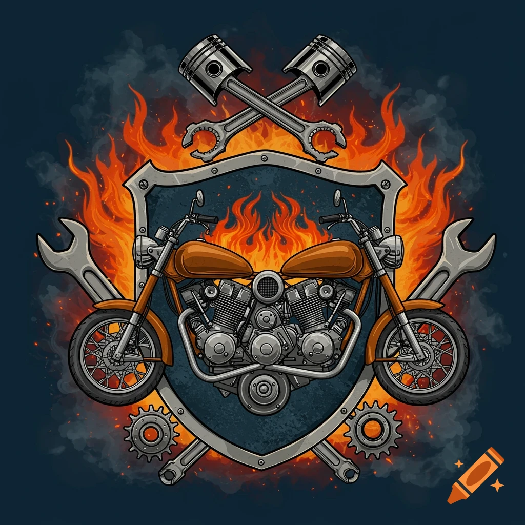 An illustrated motorcycle emblem featuring two bikes, crossed pistons and wrenches, and gears, all surrounded by orange flames on a dark background.