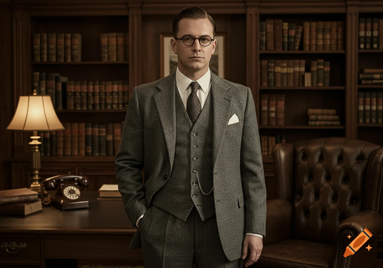 A man in a 1920s-style gray suit and round glasses stands in a wood-paneled office with bookshelves and a desk.