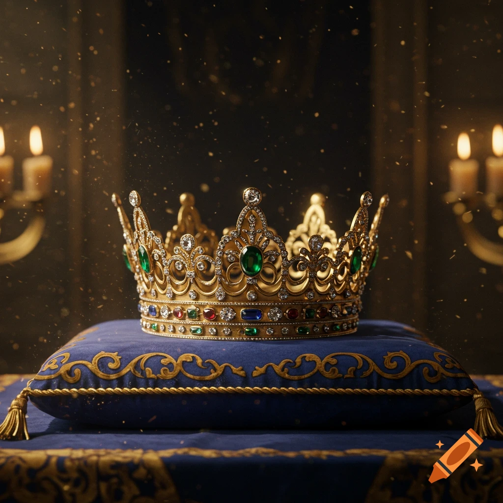 A gold jeweled crown sits on a rich blue velvet pillow with gold trim, against a dark, candlelit background.