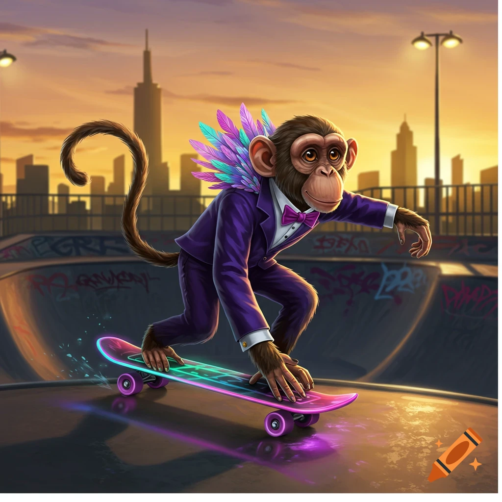 A cartoon chimpanzee in a purple tuxedo with colorful feathers skateboards through a city skatepark at sunset.