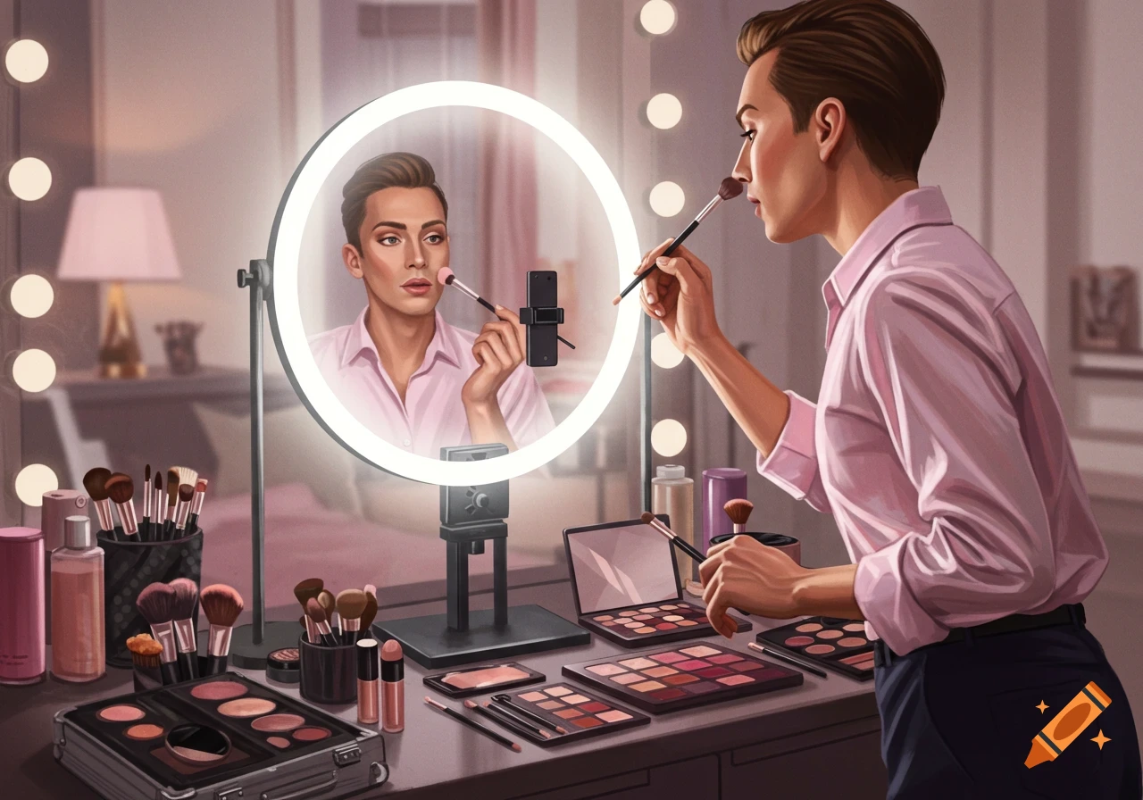 A person applies makeup in front of a ring light mirror, surrounded by various cosmetics and brushes on a vanity.
