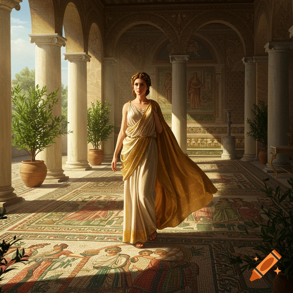 A woman in classical Roman attire walks through a sunlit colonnaded hall with detailed mosaic floors.