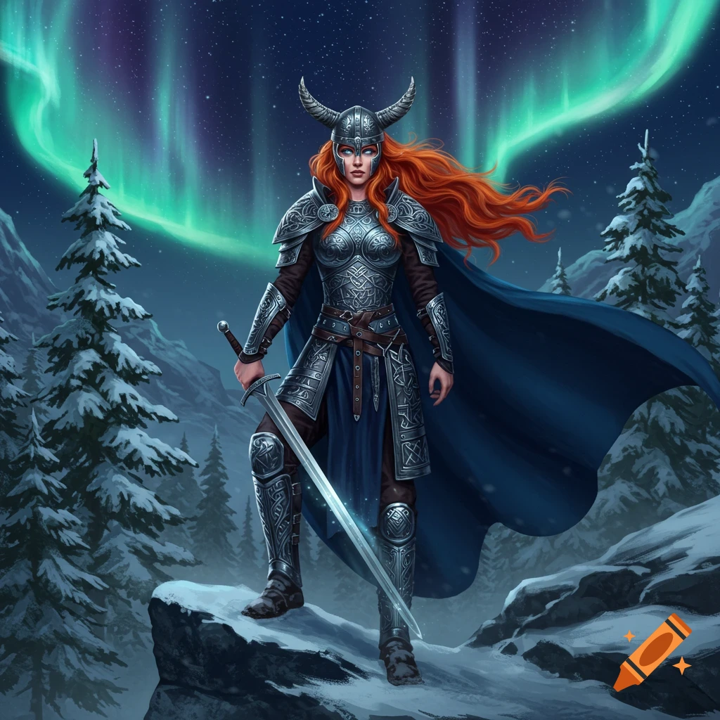 A female warrior in horned helmet and ornate silver armor, holding a sword on a snowy mountain under the aurora borealis.