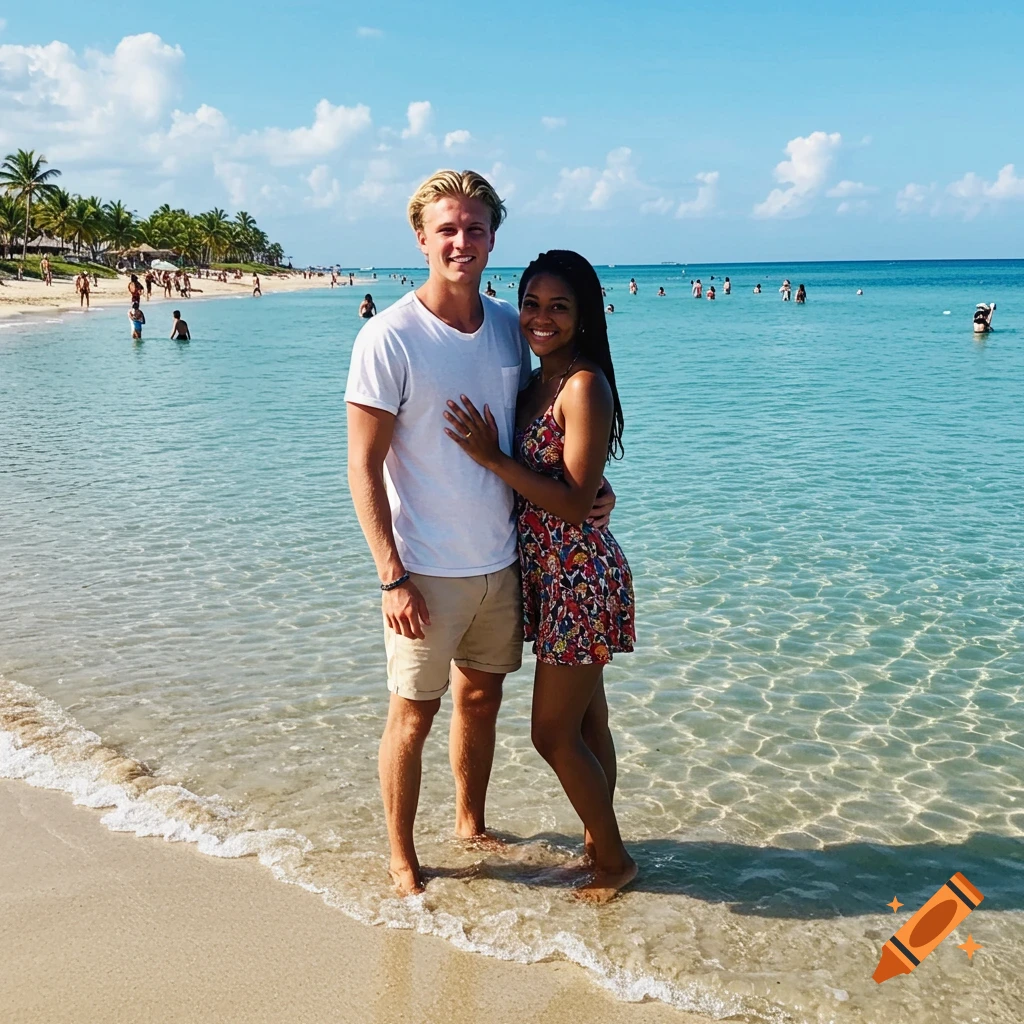 A smiling blonde man and a black woman embrace in shallow turquoise water on a sunny beach with palm trees and other people.