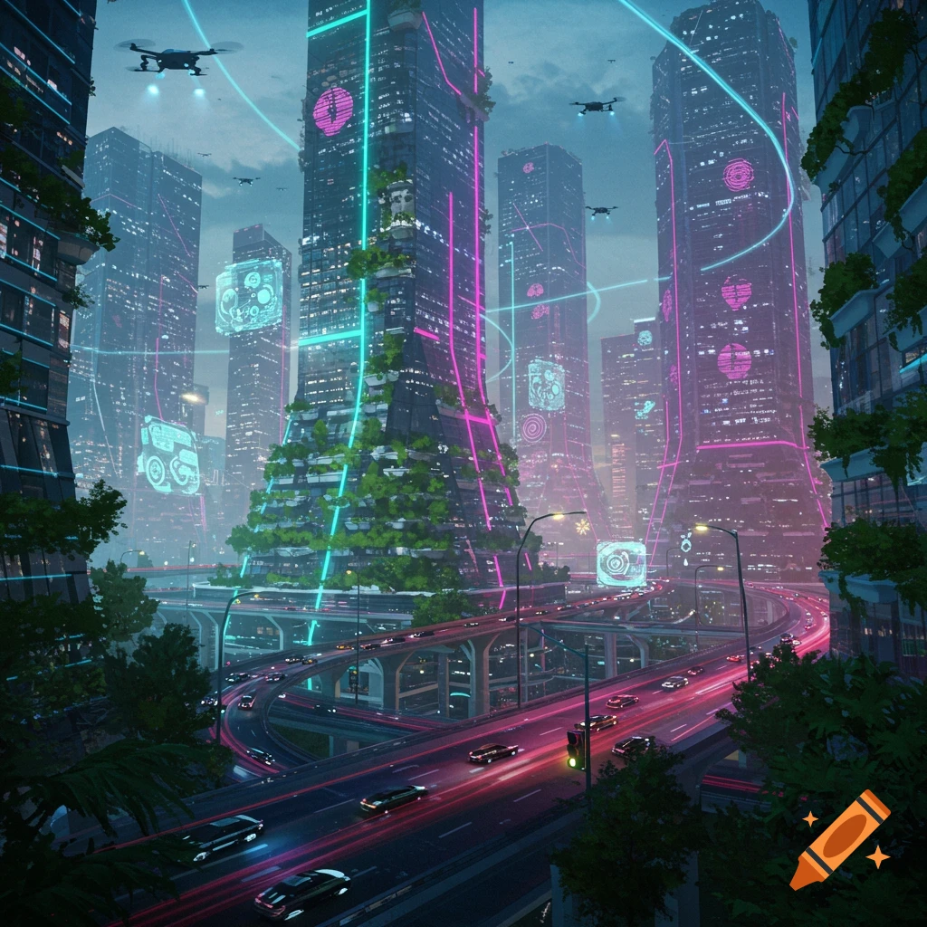 A vibrant, futuristic city at night with neon-lit skyscrapers, multi-level highways with light trails, and drones flying above.