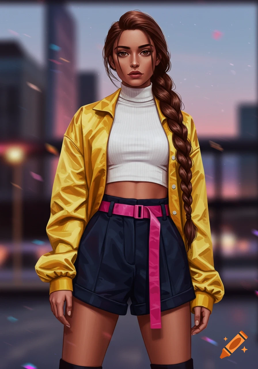 An illustration of a woman with a long brown braid, wearing a white crop top turtleneck, yellow jacket, pink belt, dark navy shorts, and black boots.