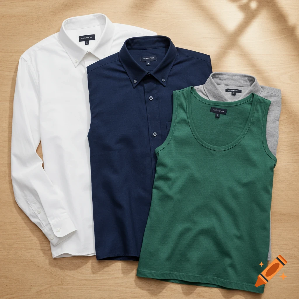 A flat lay of a white long-sleeve shirt, a navy short-sleeve button-down, a green tank top, and a grey polo shirt on a wooden surface.