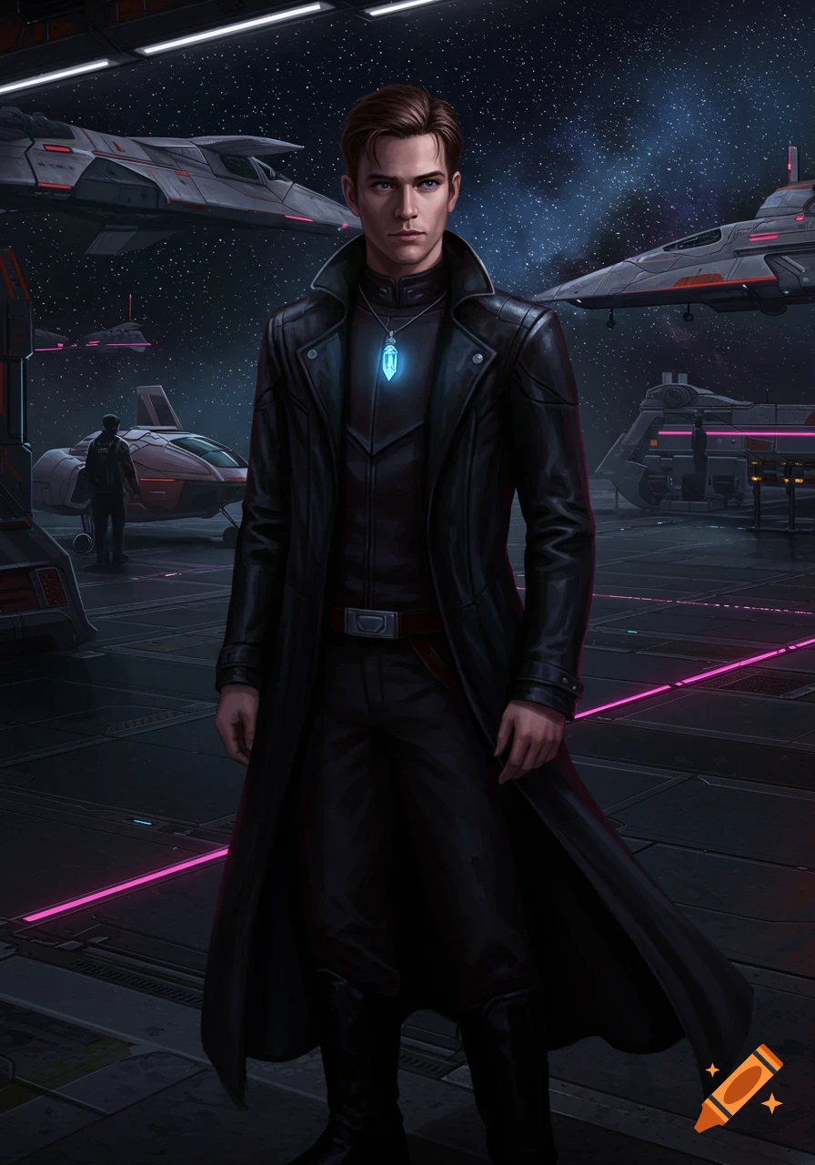 A young man in a black leather coat with a glowing blue crystal necklace stands on a space dock with spaceships and stars.