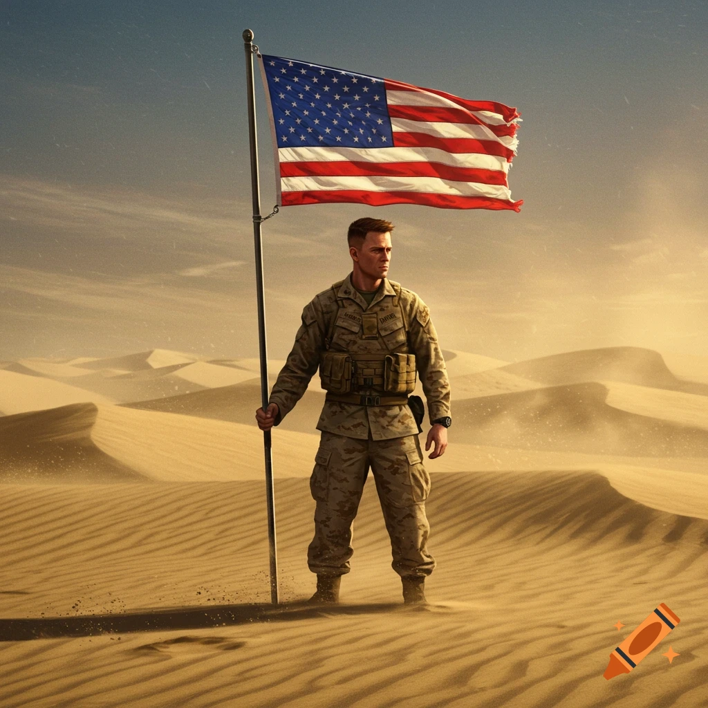 A photorealistic image of a soldier in military fatigues holding an American flag in a vast desert landscape.