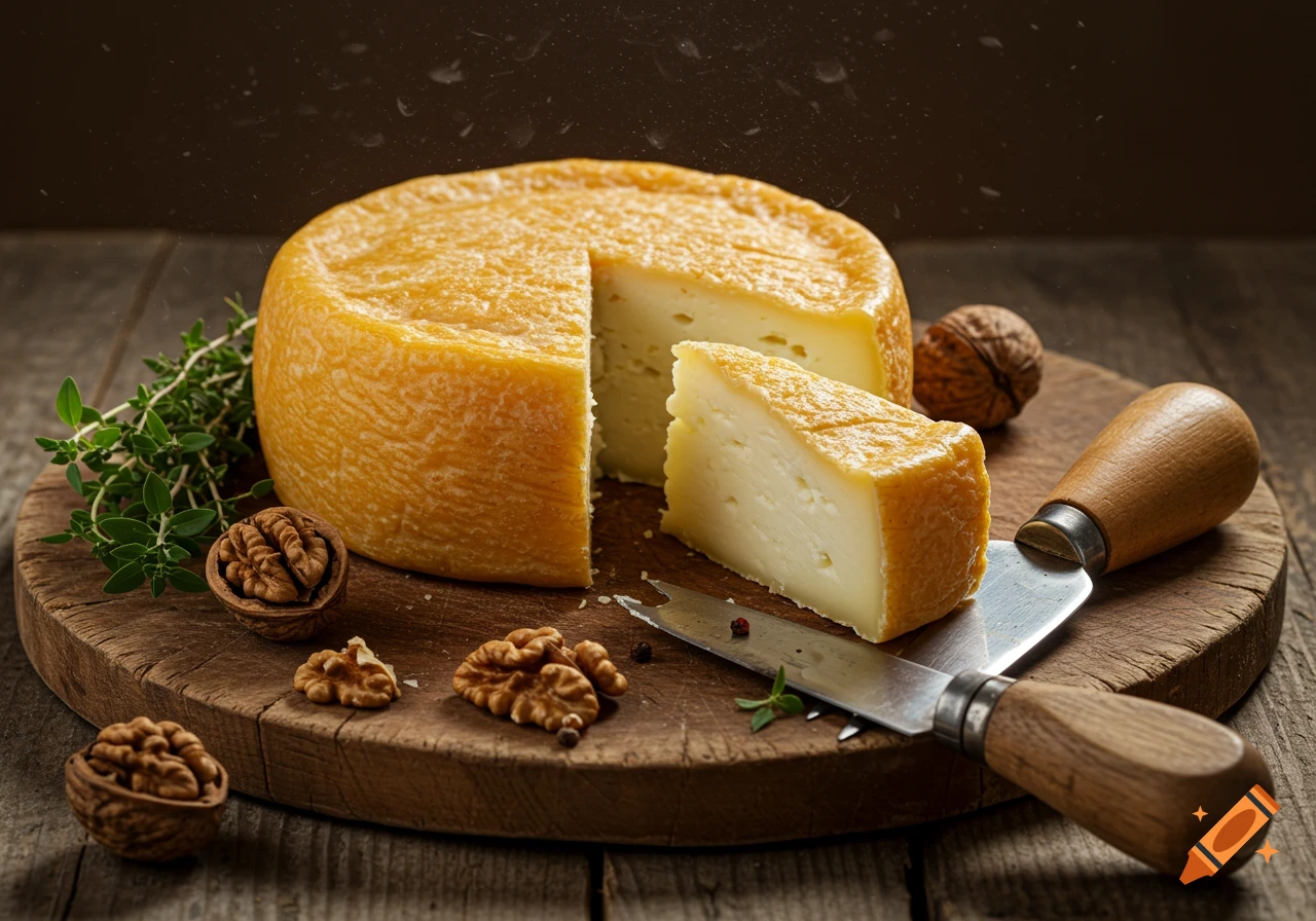 A photorealistic still life of a round cheese wheel with a wedge cut out, walnuts, and fresh herbs on a wooden board.