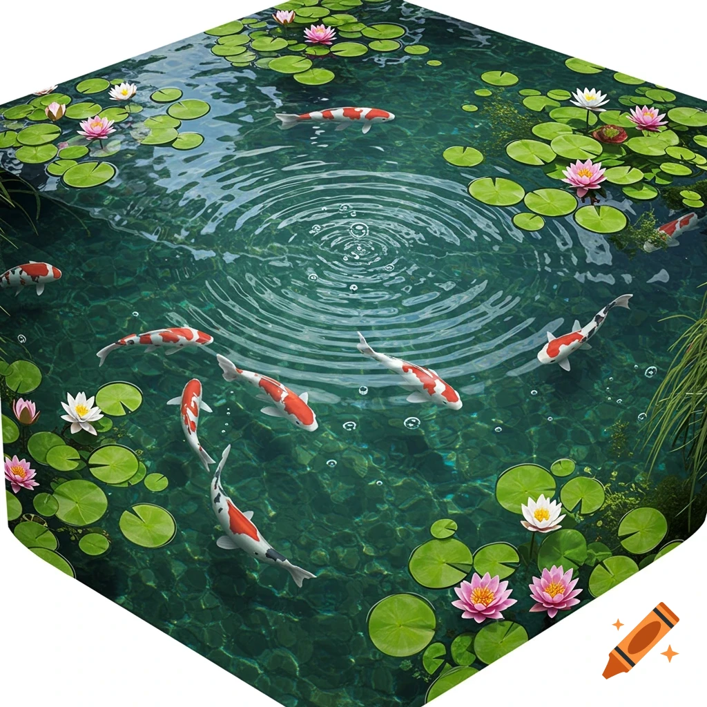A hyperrealistic overhead view of a koi pond with red and white koi fish, green lily pads, and pink and white lotus flowers, with ripples.