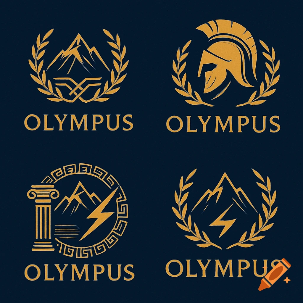 Four gold Greek-themed logos against a dark blue background. Designs include mountains, a Spartan helmet, a pillar, lightning, and laurel wreaths, each with 'OLYMPUS' text.