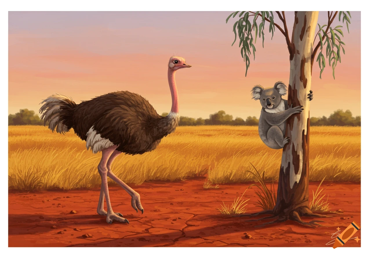 An illustrative image of an ostrich standing on red dirt while a koala clings to a tree trunk in a golden savanna at sunset.