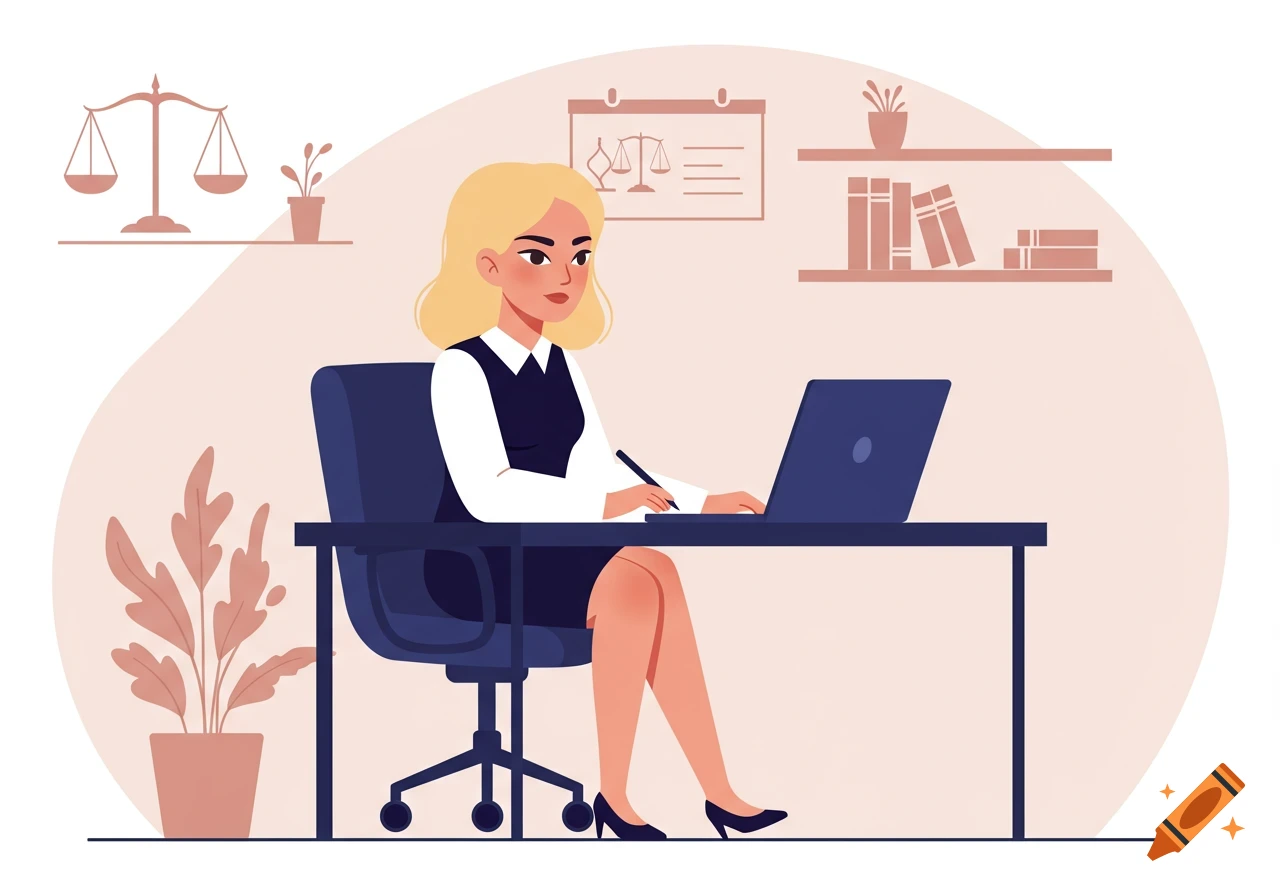 Blonde woman works on a laptop at a desk in an office with scales of justice and books, flat illustration.