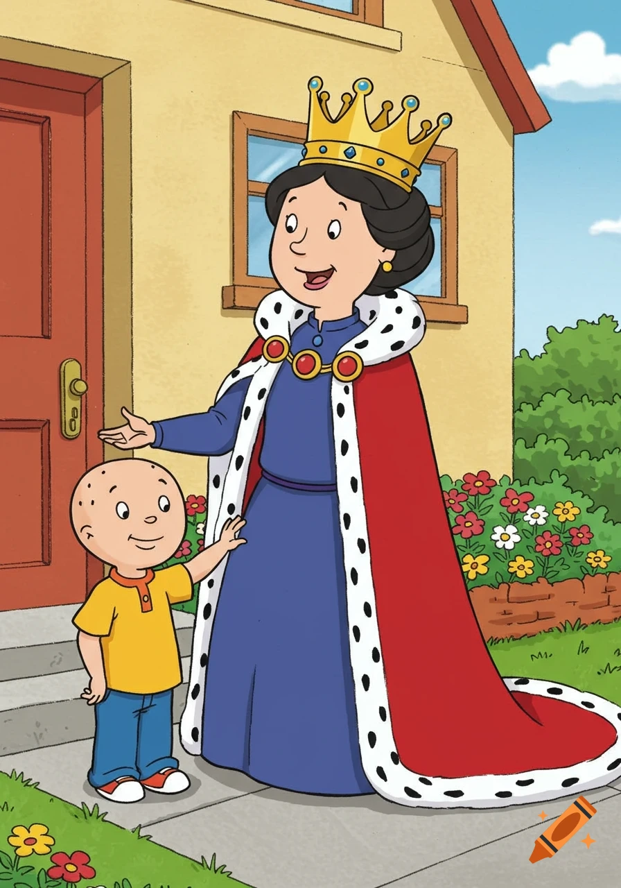 Caillou and his mommy, Queen Doris, in a royal blue gown, red cloak, and golden crown, standing outside their house in a cartoon style.